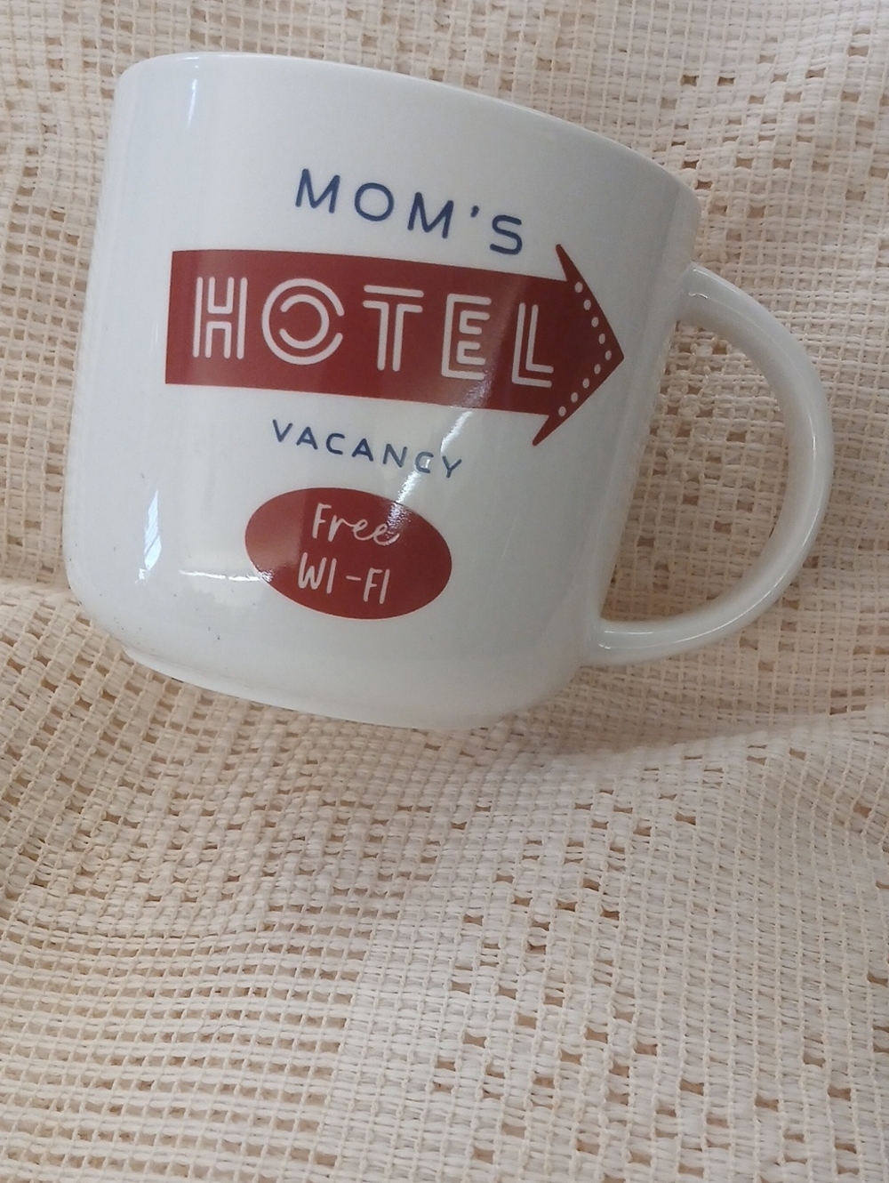 Mom's Hotel White Ceramic Mug with Red Graphic